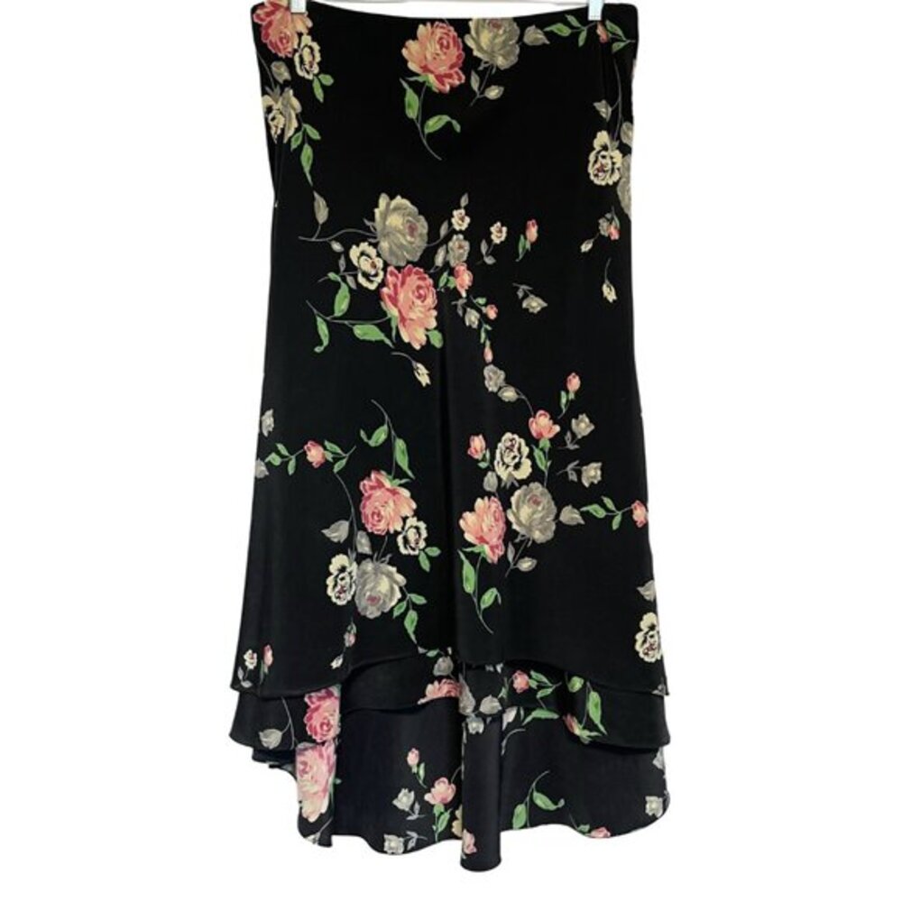 Lauren Ralph Lauren Silk Maxi Skirt Dark Floral Asymmetrical Hem Size 12 Luxury‎